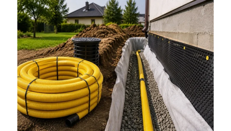 Žluté drenážní trubky v jámě s kamenivem u základů domu.