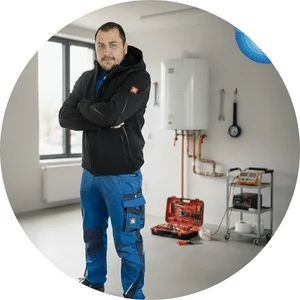 Plumber with boiler and tools