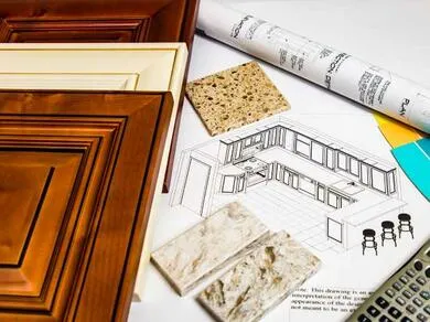 Výběr materiálů pro renovaci kuchyně včetně plánů.