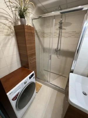 Modernizovaný koupelna s sprchou, pračkou a dřevěným skříňovým nábytkem.