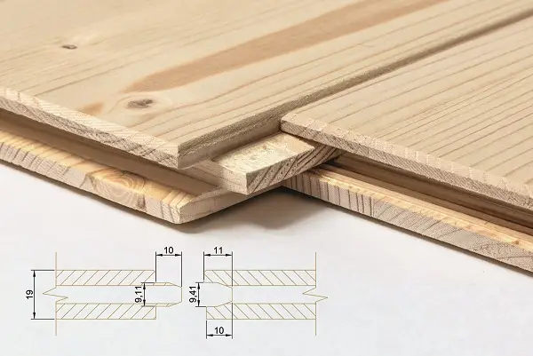 Detail spoje podlahových palubek s technickým výkresem.