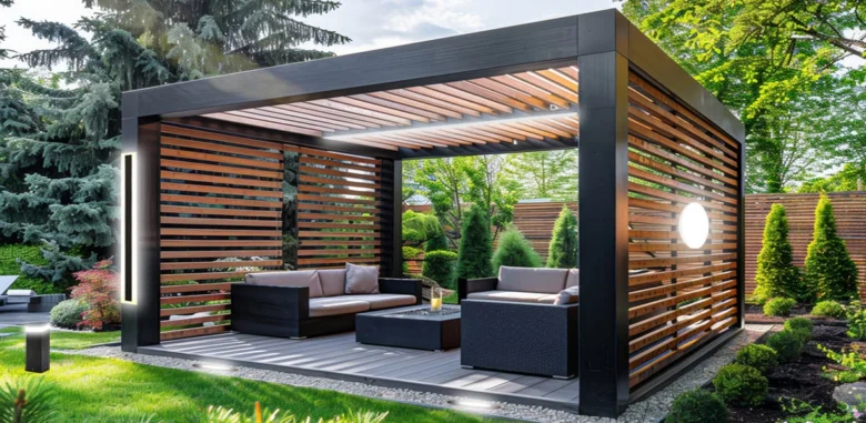 Moderná osvětlená pergola s venkovním sedacím prostorem.