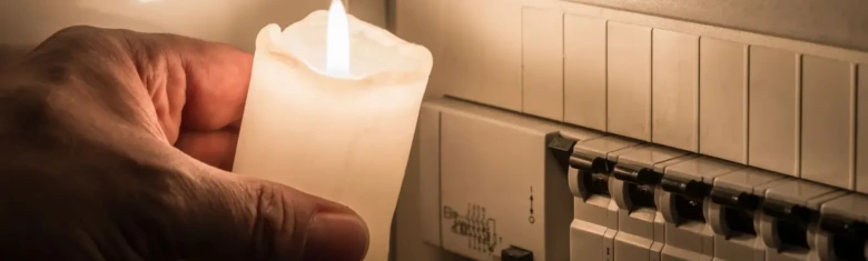 Hand holding candle near fuse box