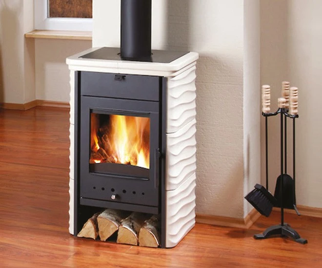 Wood-burning stove with fire and logs