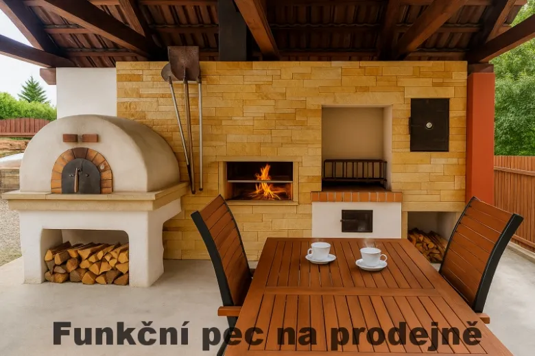 Venkovní pec na chleba s hořícím ohněm u jídelního stolu.