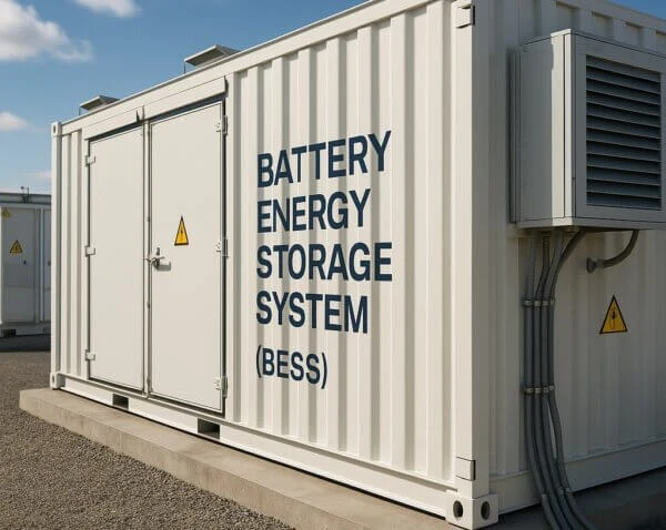 Velkokapacitní bateriové úložiště energie v kontejneru venku.