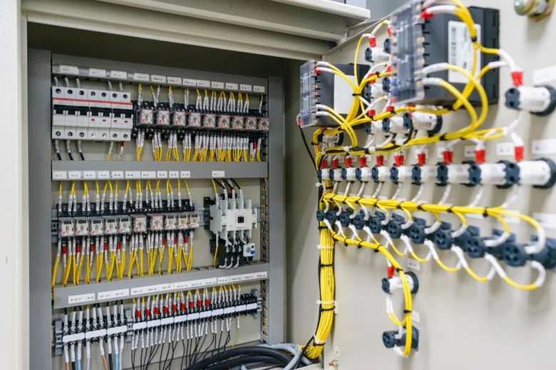 Otevřená elektrická rozvaděč s uspořádanými komponenty a žlutým kabelováním.
