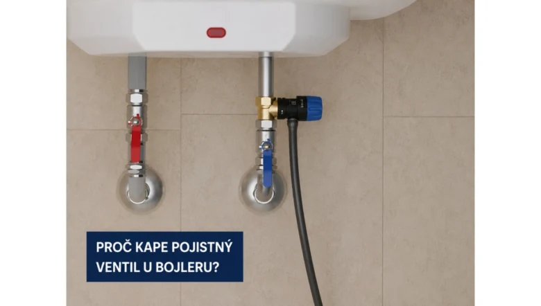 Bojler s pojistným ventilem na zdi v koupelně