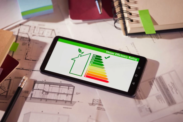 Smartphone s energetickou třídou domu na plánech staveb.