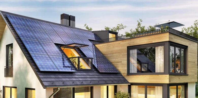 Moderní dům s fotovoltaickými panely na střeše.