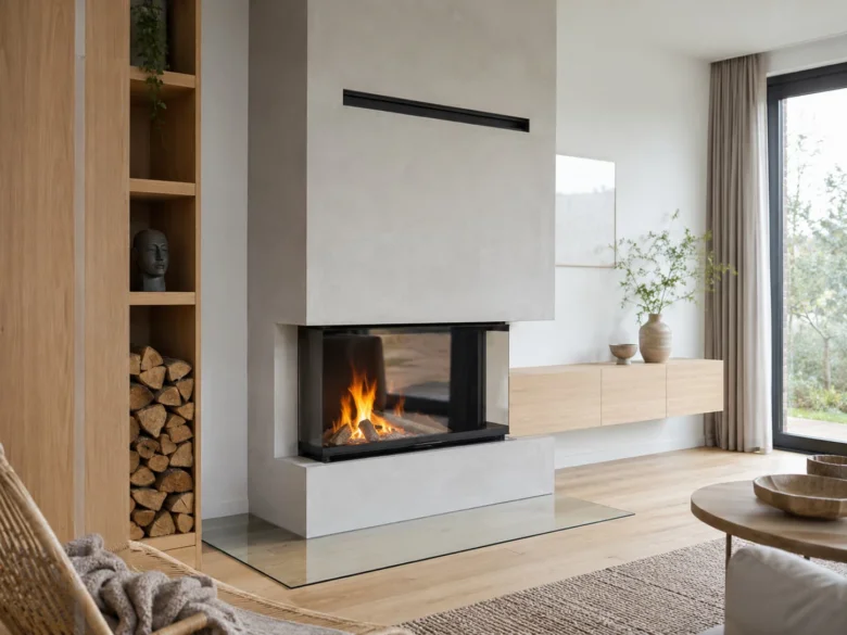 Moderní krb s ohněm v interiéru na dřevěné podlaze.