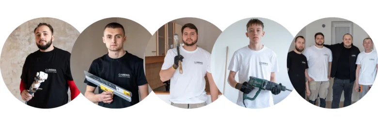 Tým stavebních dělníků s nářadím pro rekonstrukci bytů v Praze.