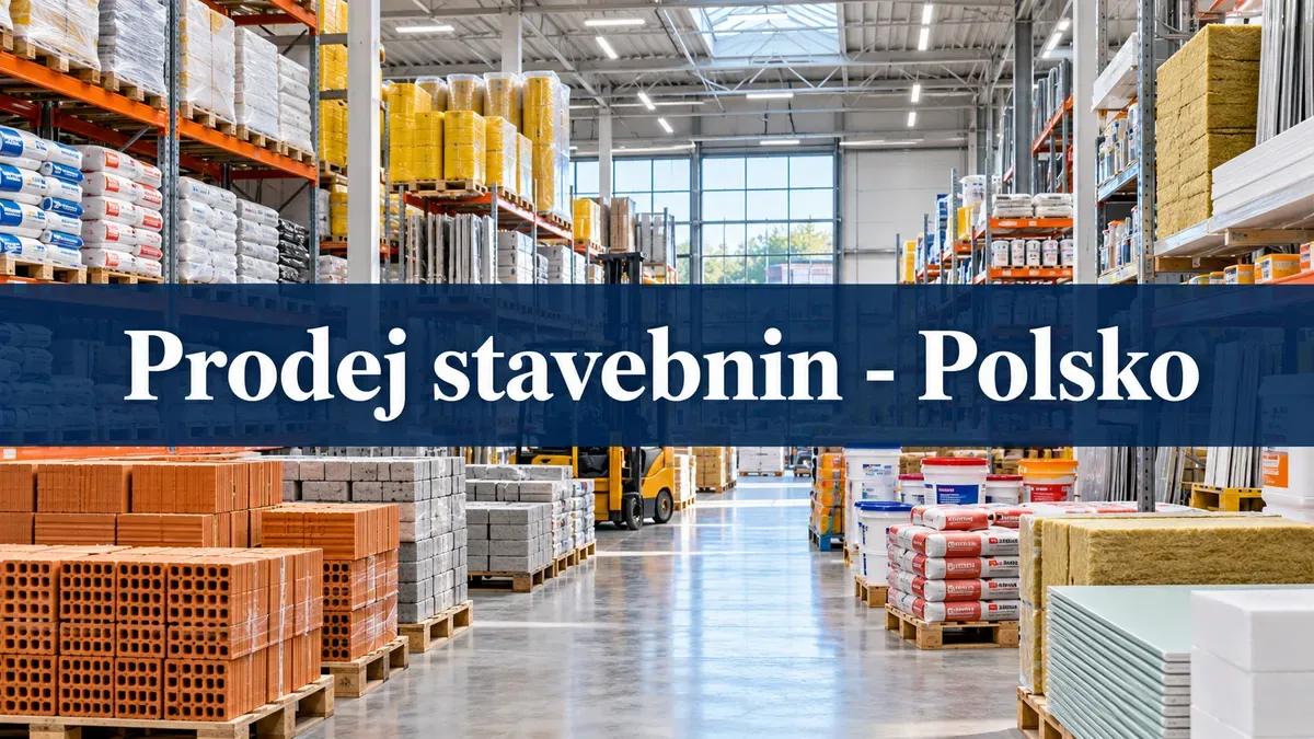 Velký sklad stavebnin v Polsku s cihlami a izolačními panely.