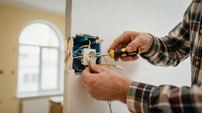 Elektrikář montuje zásuvku do zdi během rekonstrukce bytu.
