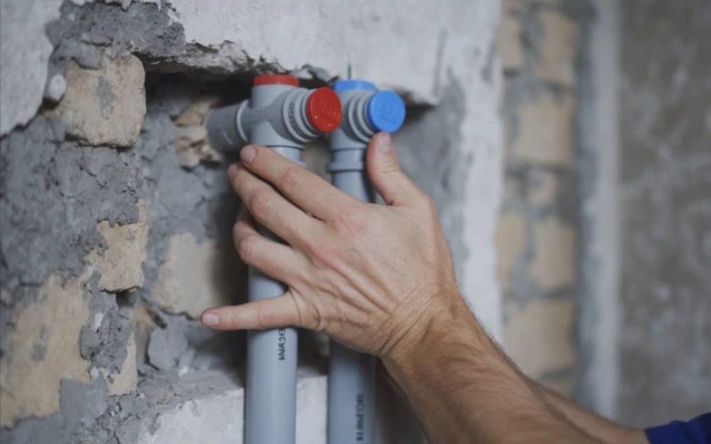 Ruční instalace plastových vodovodních rozvodů do zdi.