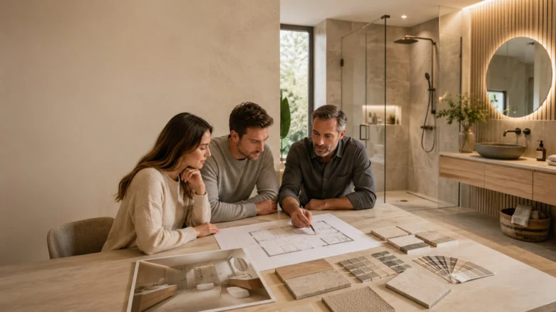 Architekt pomáhá páru plánovat rekonstrukci koupelny s návrhy.
