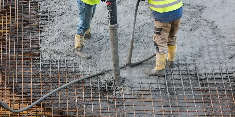 Dva dělníci nalévají beton přes ocelovou mřížku.