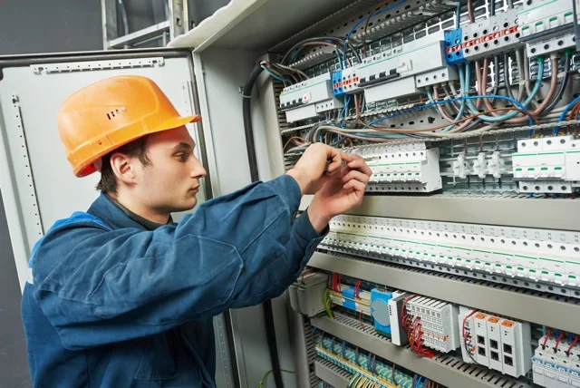 Elektrikář pracuje na průmyslovém rozvaděči v továrně.