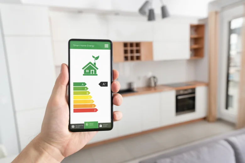 Smart home energy app on phone screen showing a+ rating in m