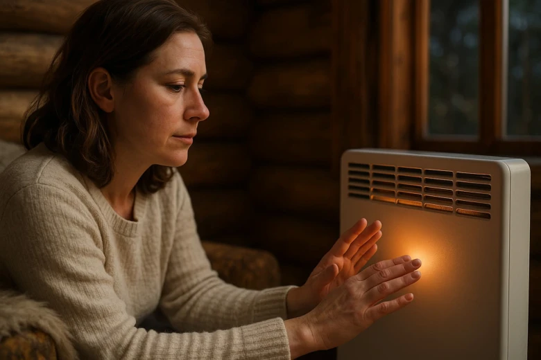 Žena se zahřívá rukama u elektrického přímotopu v domě.