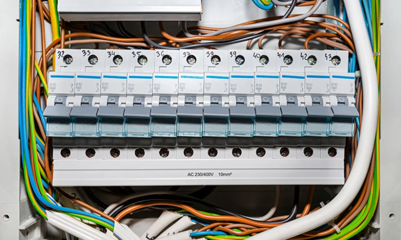Řada jističů v rozvaděči s barevným vedením.