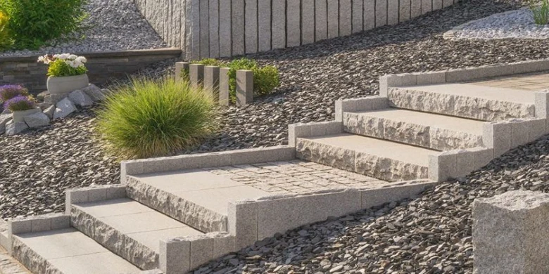 Kamenné schodiště v zahradě s kamínky.