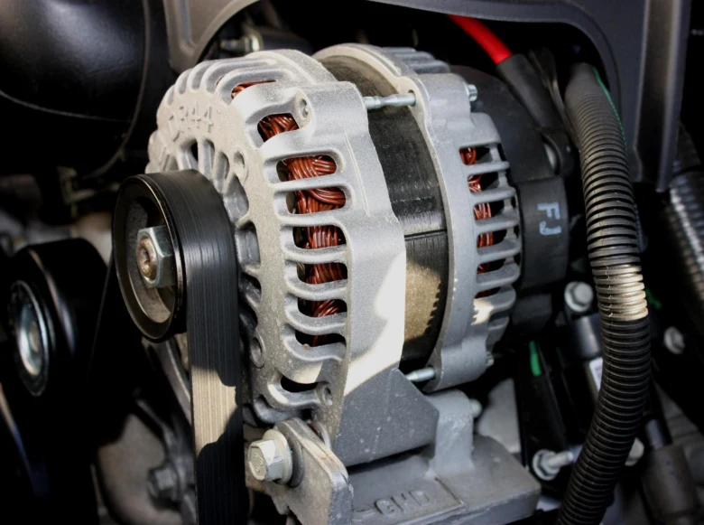 Detailní pohled na automobilový alternátor s měděnými cívkami v motorovém prostoru.