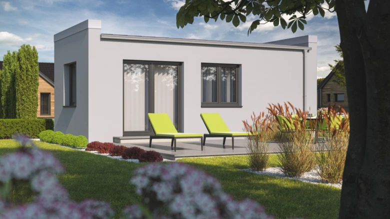 Moderní montovaný bungalov s zahradou a terasou.