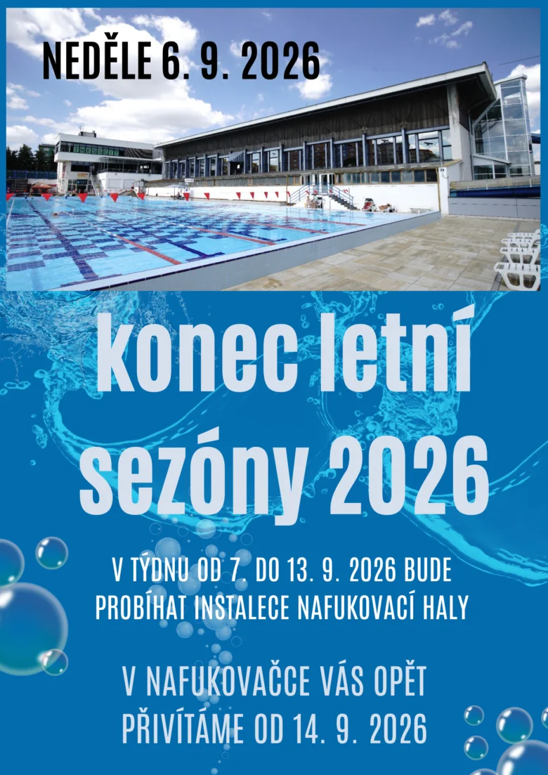 Venkovní plavecký bazén v Plzni s informací o sezóně.