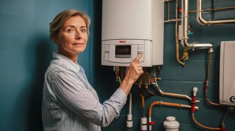 Žena upravuje ovládací panel moderního plynového kotle v technické místnosti.