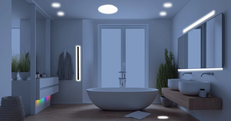 Moderní koupelna s různými typy LED osvětlení včetně pásků.