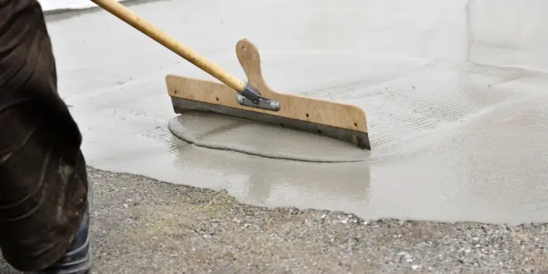 Pracovník hladí čerstvý beton na podlaze ručním špachtlou.