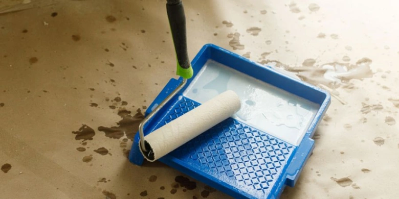 Modrá paleta s válcem na přípravu stěn před malováním.