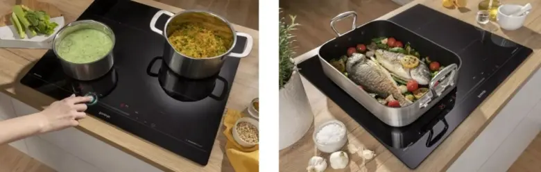 Indukční varná deska s hrnci a pekáčem na kuchyňském stole.