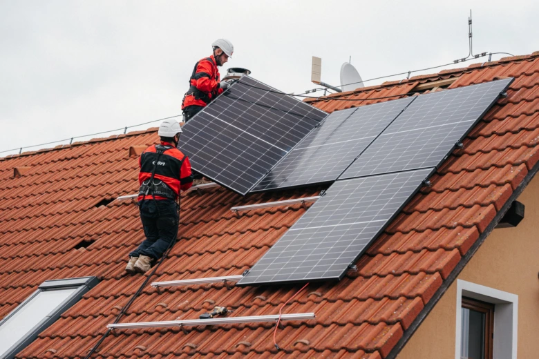 Dva dělníci montují fotovoltaické panely na červenou střechu domu.