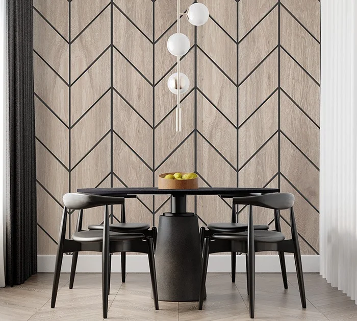 Moderní jídelna s dřevěnými panely na stěnu v geometrickém vzoru.