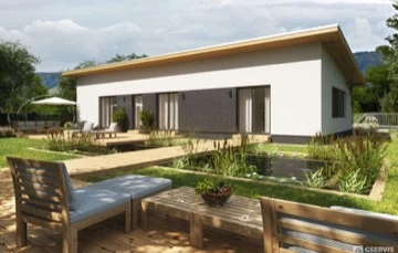 Moderní montovaný bungalov s zahradou a venkovním posezením.