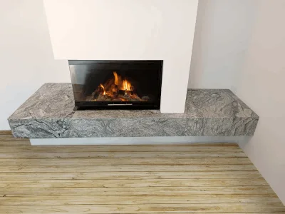 Moderní kamenný obklad za krb s bílými stěnami a dřevěnou podlahou.