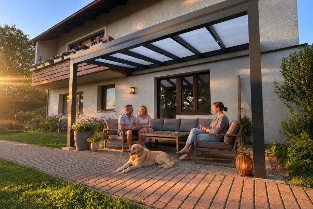 Moderní hliníková pergola s rodinou psem v zahradě večer.