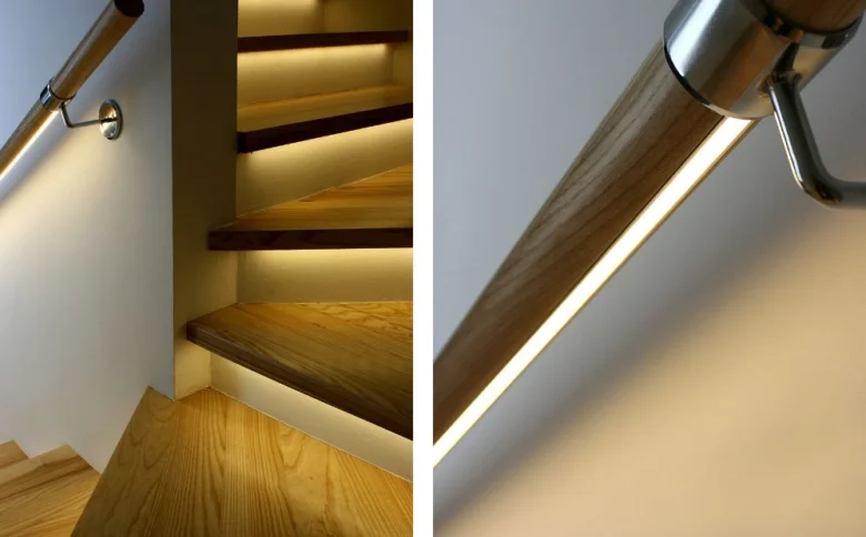 Modern schodiště s integrovaným LED osvětlením pod stupněmi.