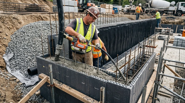 Stavební dělník nalévá beton do modulu bednění s výztuží.