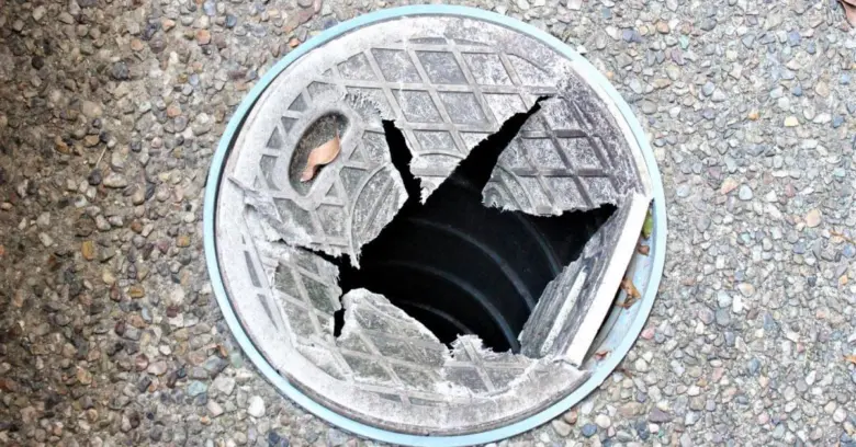 Poškozený kovový poklop šachty pro technické instalace.