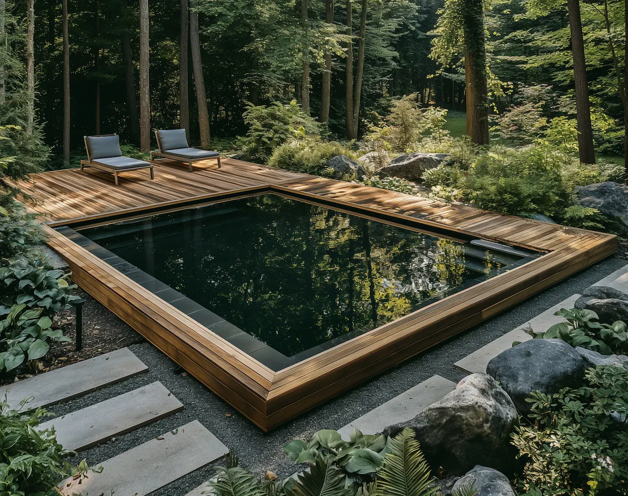 Wooden pool deck with loungers