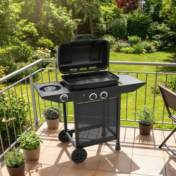 Černý plynový gril na balkóně s rostlinami v květináčích.