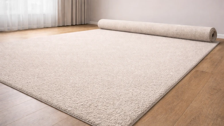 Bežný koberec se rozkládá na dřevěné podlaze v obývacím pokoji.
