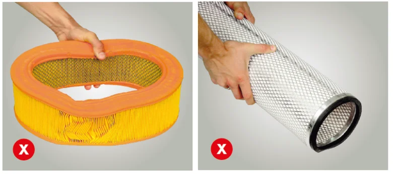 Dvě typy vzduchových filtrů označené červeným křížkem jako nesprávně.