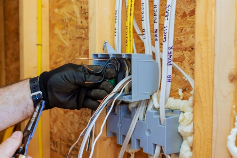 Ruční instalace elektrického vedení v zdi s označenými kabely.