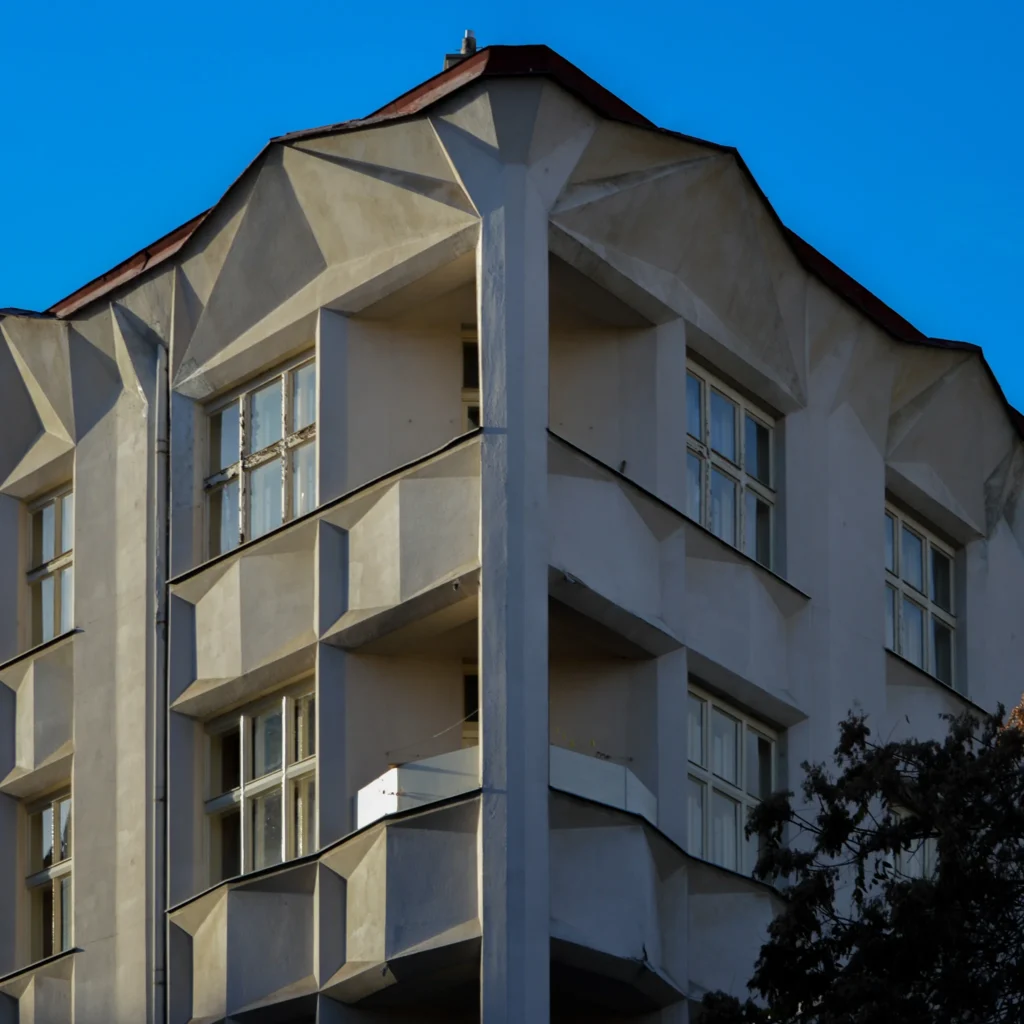 Fotografie fasády kubistického bytového domu s geometrickými prvky.