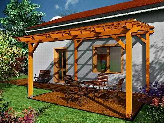 Dřevěná podlaha pod pergolou na zahradním terasu
