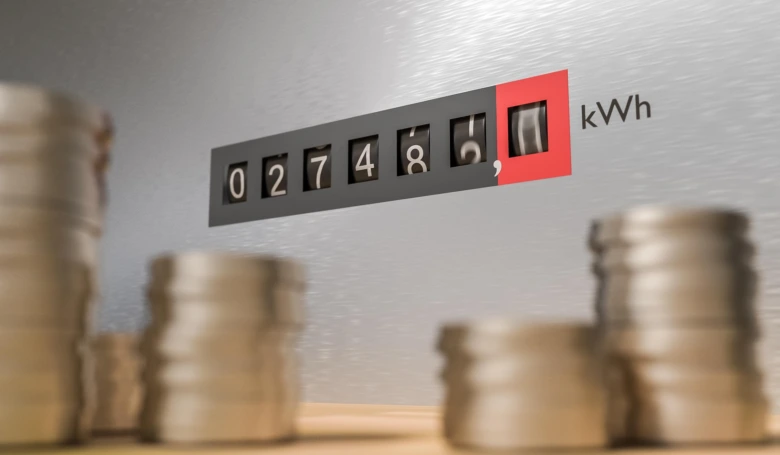 Elektrický měřič spotřeby v kilowatthodinách s mincemi.